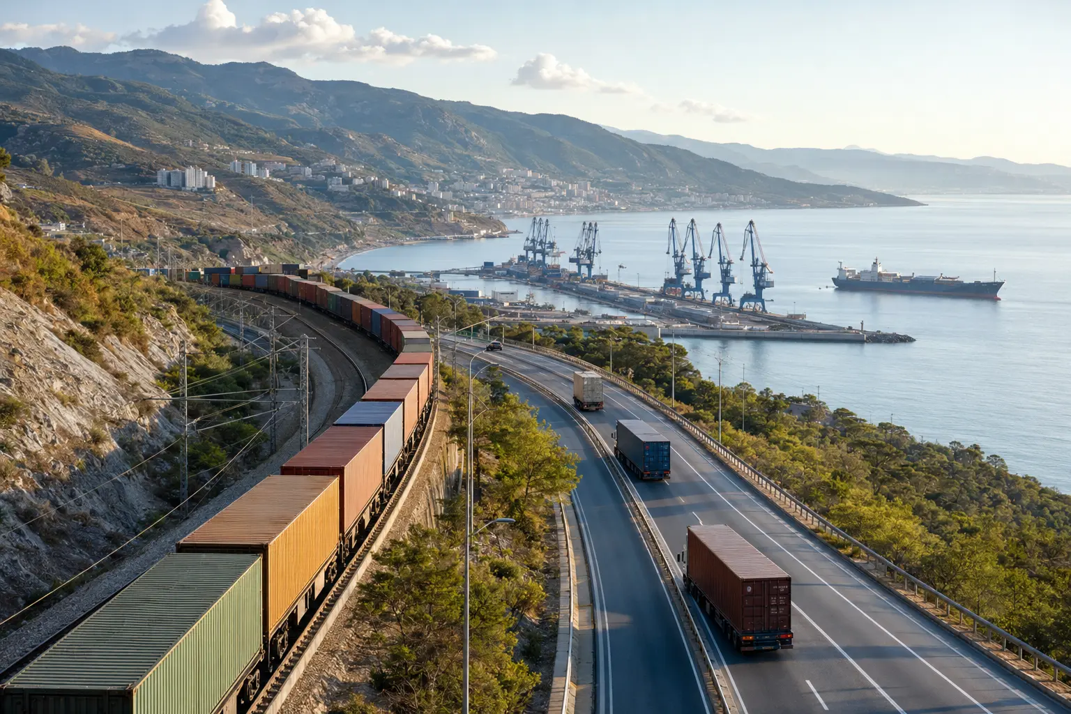 Rail, road and sea routes converging at a regional cargo port