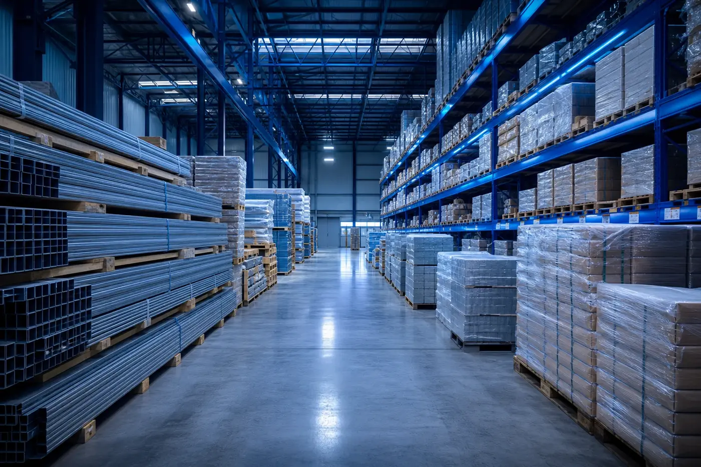 Industrial products stored in a modern warehouse