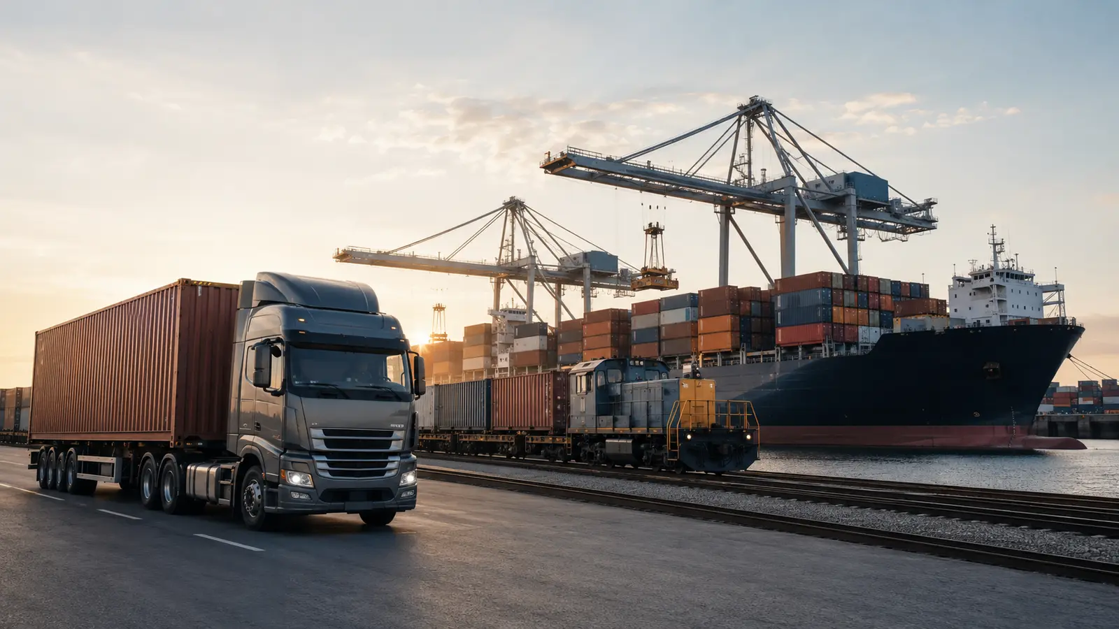 Container truck, freight train and cargo ship at an intermodal port
