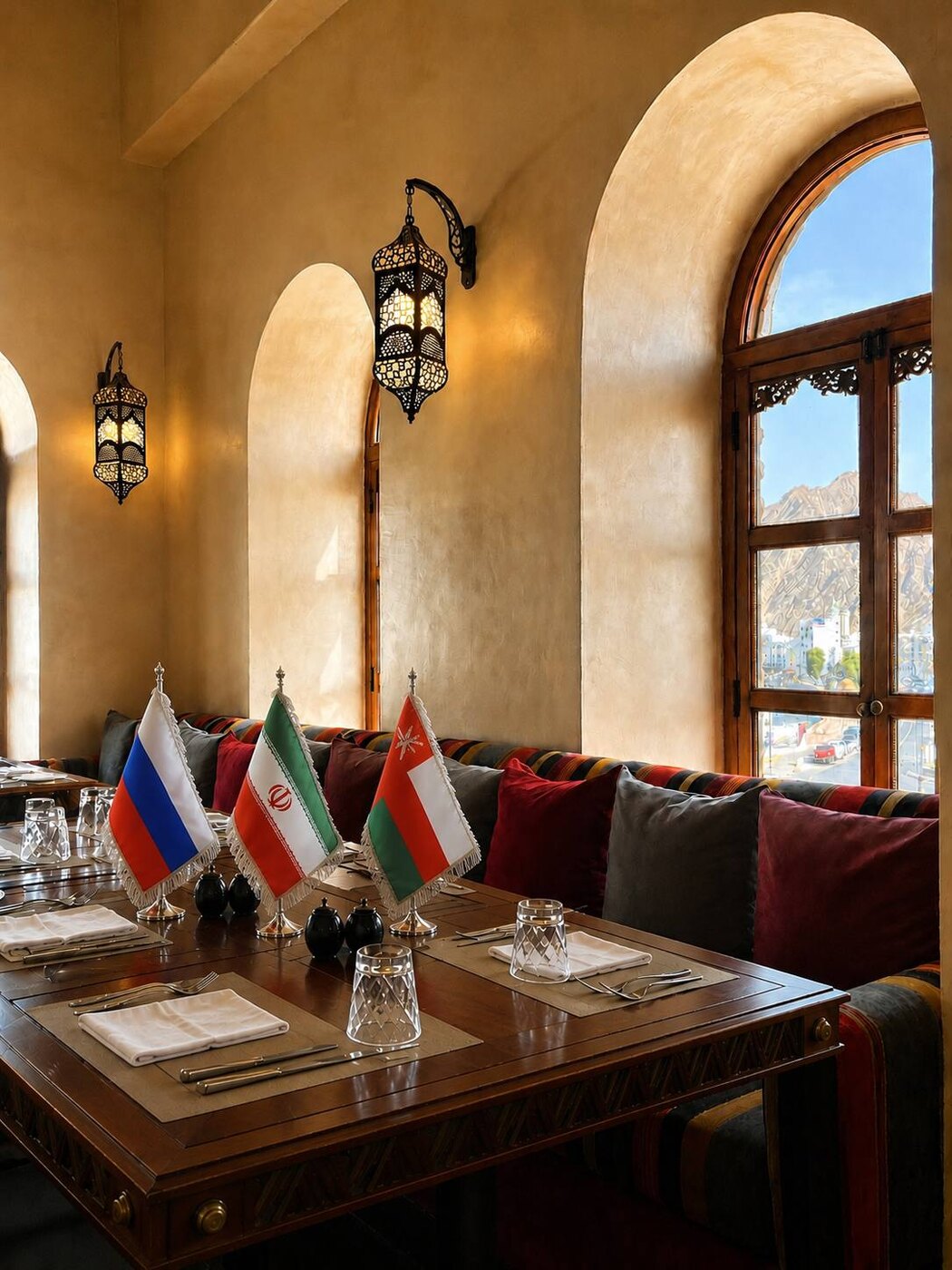 Iran, Russia and Oman flags arranged for a regional business meeting