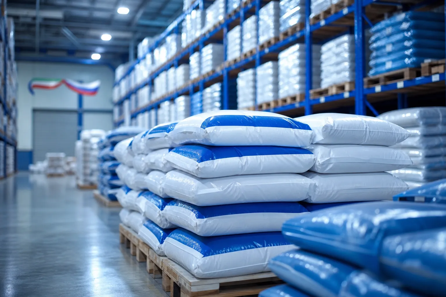 Packaged polymer products in an industrial warehouse