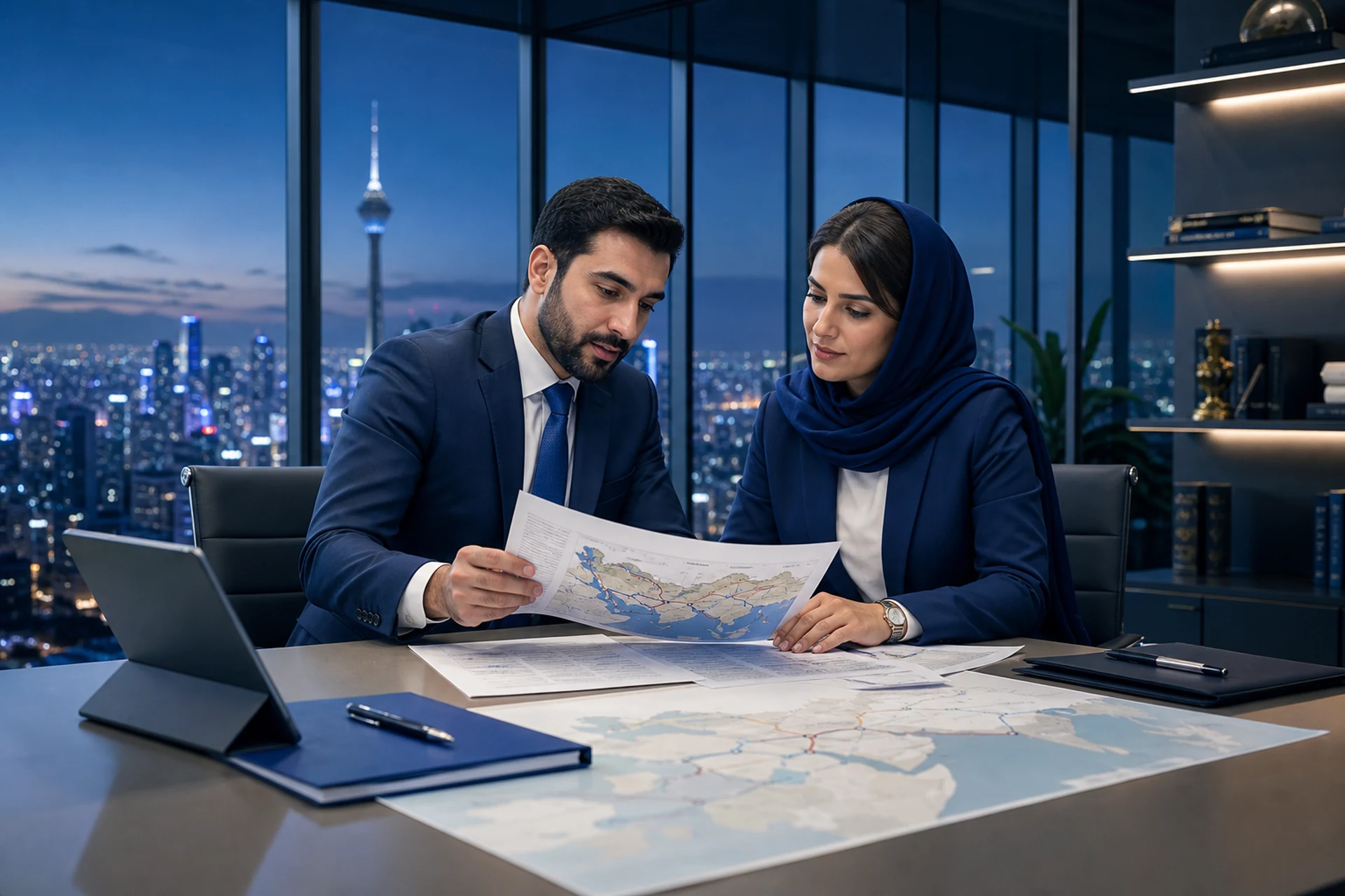 Trade professionals reviewing a regional route from Tehran